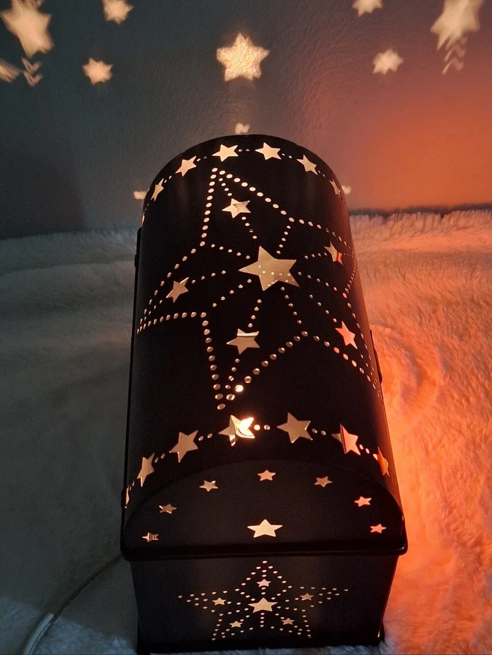 Rustic Black Punched Tin Accent/Nightlight Etched Glass Stars Primitive Decor